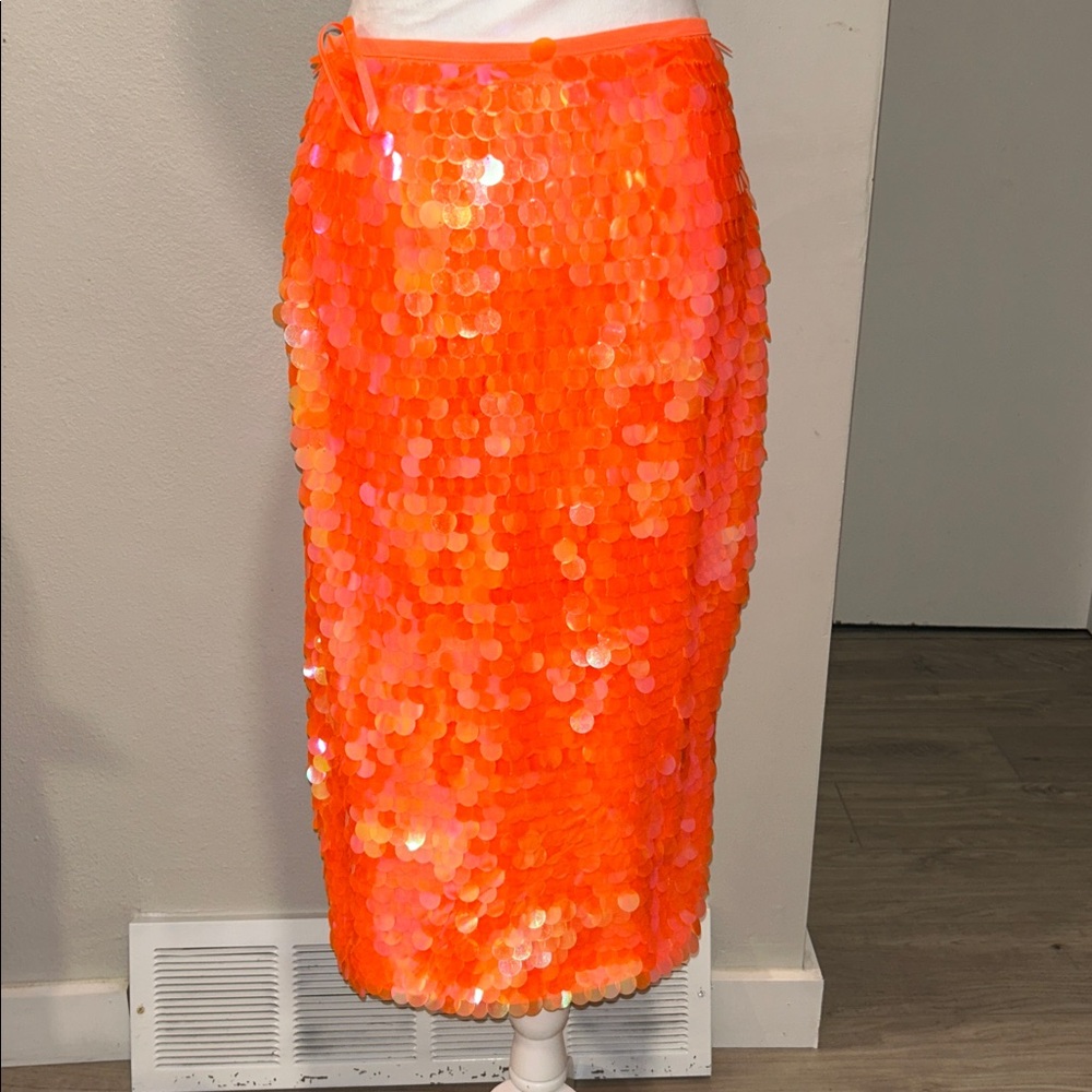 Anthropologie Orange Sequin Pencil Skirt - Picture 8 of 14